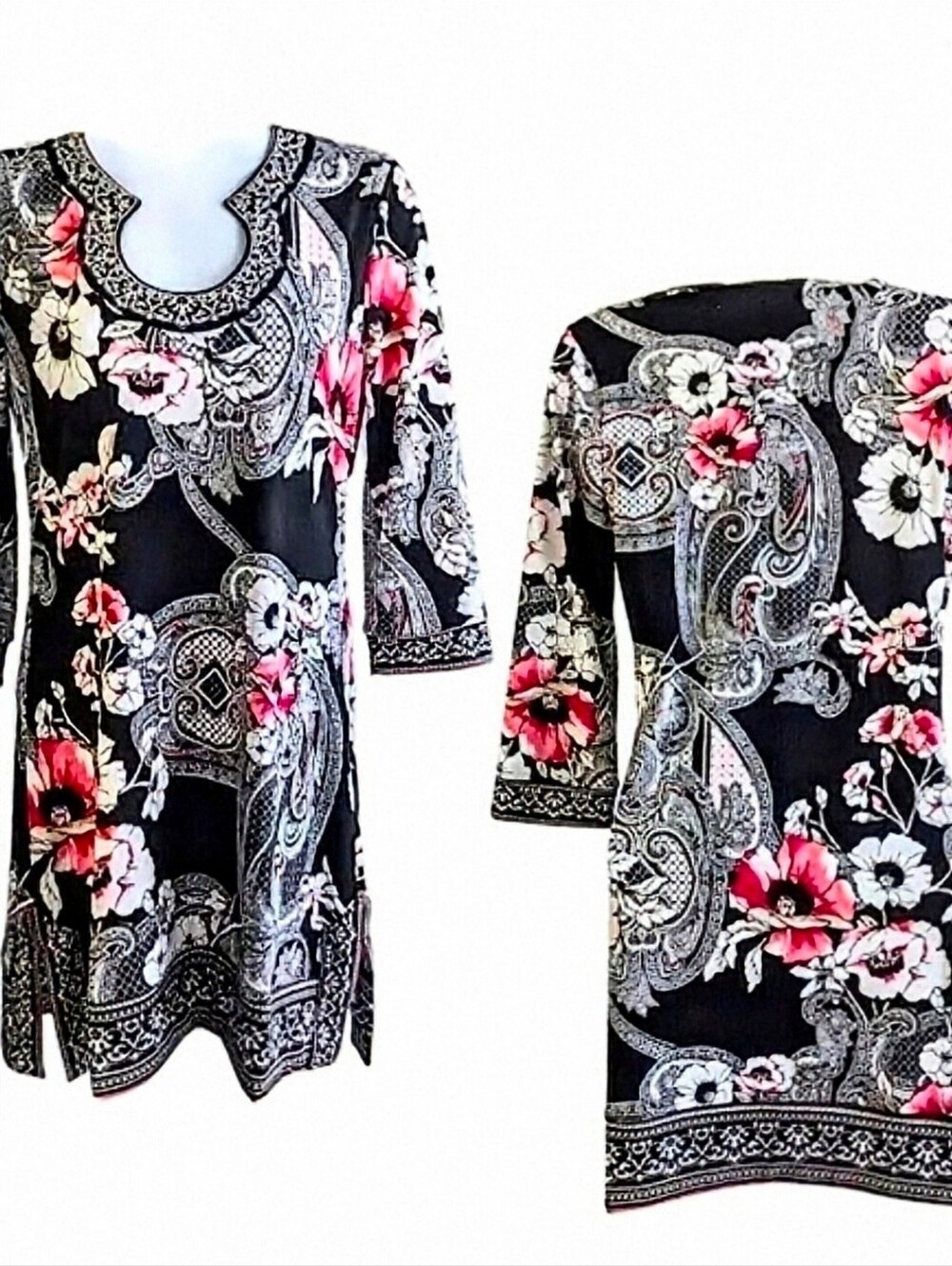WHBM Paisley Floral Embroiderd Mini Dress/Tunic Metallic Silver Accent. Sz. L